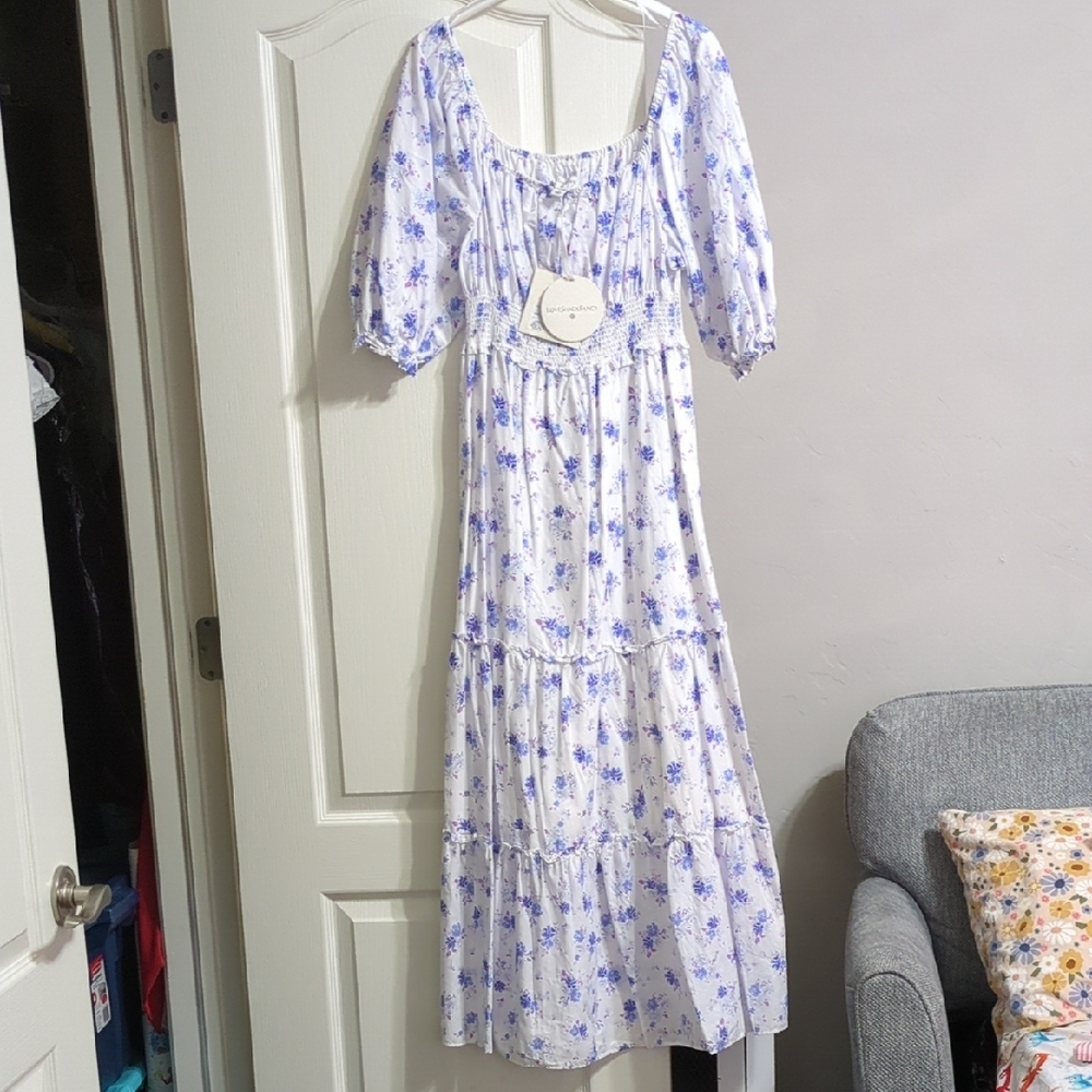 LoveShackFancy Blue and White Smocked Tiered Sundress